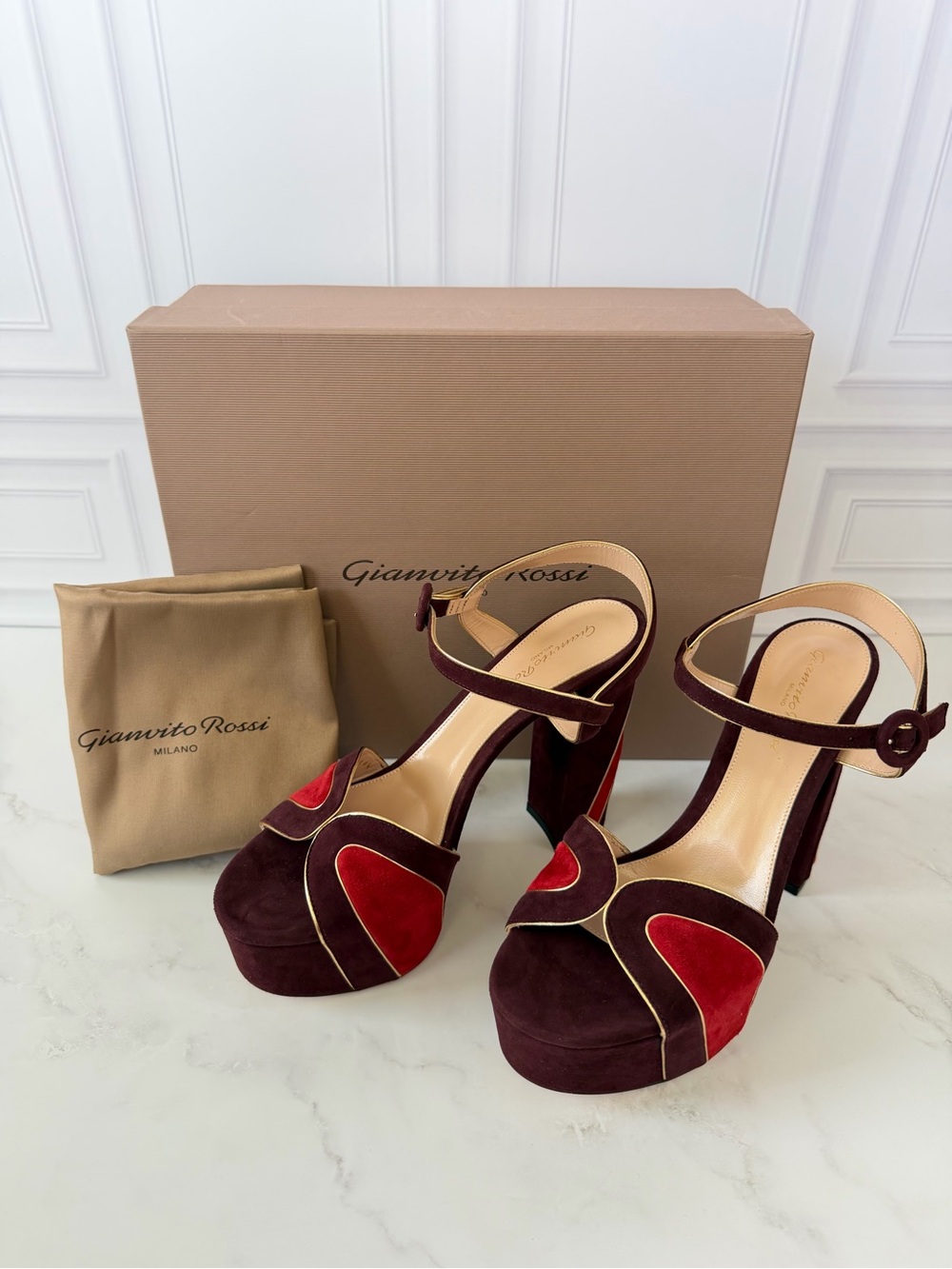 Gianvito Rossi Tamara 125mm Platform Heeled Sandals Burgundy Suede EU 39.5